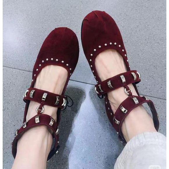 🍷 ZARA Leather Studded Ballet Flats NWT | Burgundy Suede Buckle Strap 7.5–8 - Picture 6 of 16